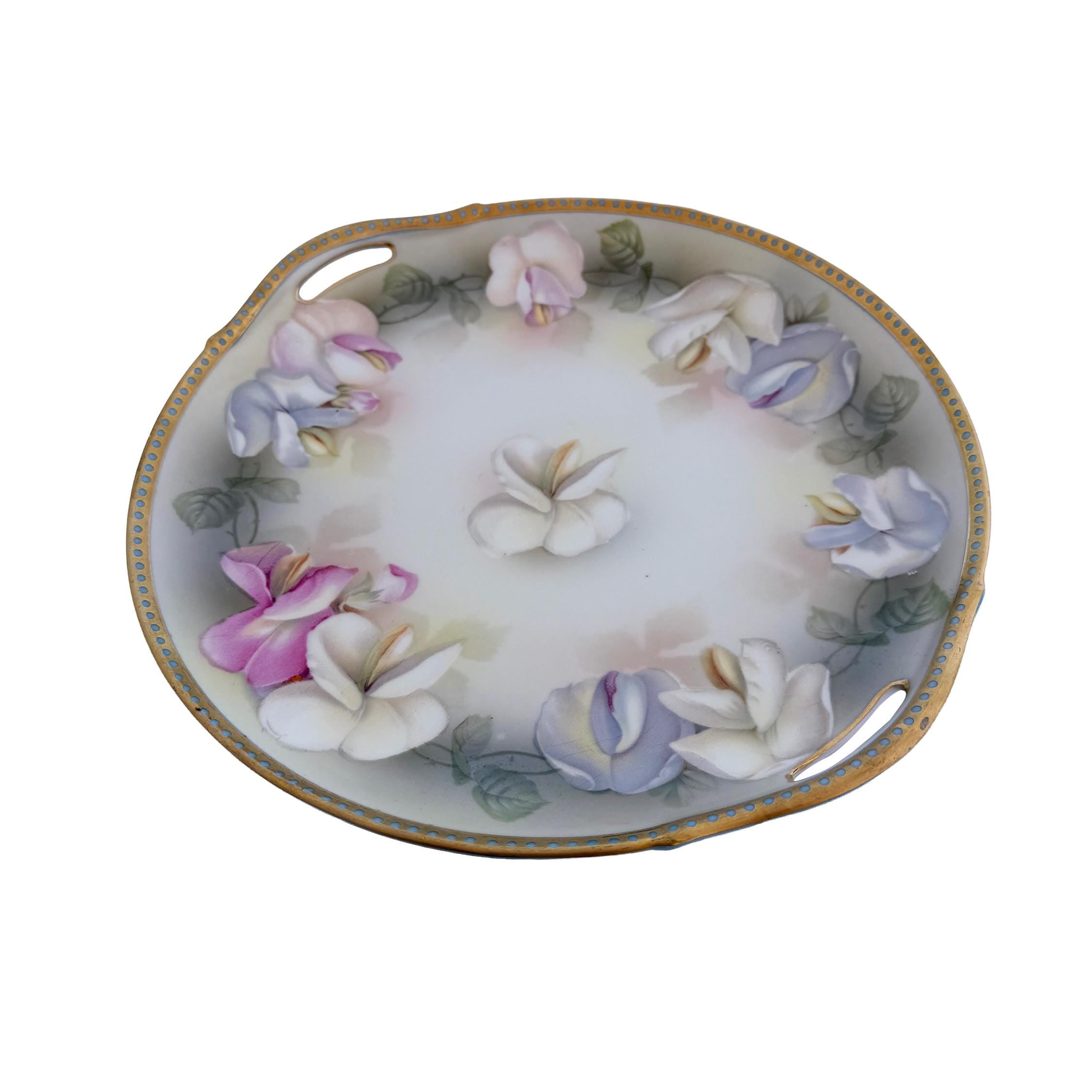 Antique RS Germany Porcelain Handled Cake Plate 10" | Pastel Floral Sweet Pea | Cottagecore China