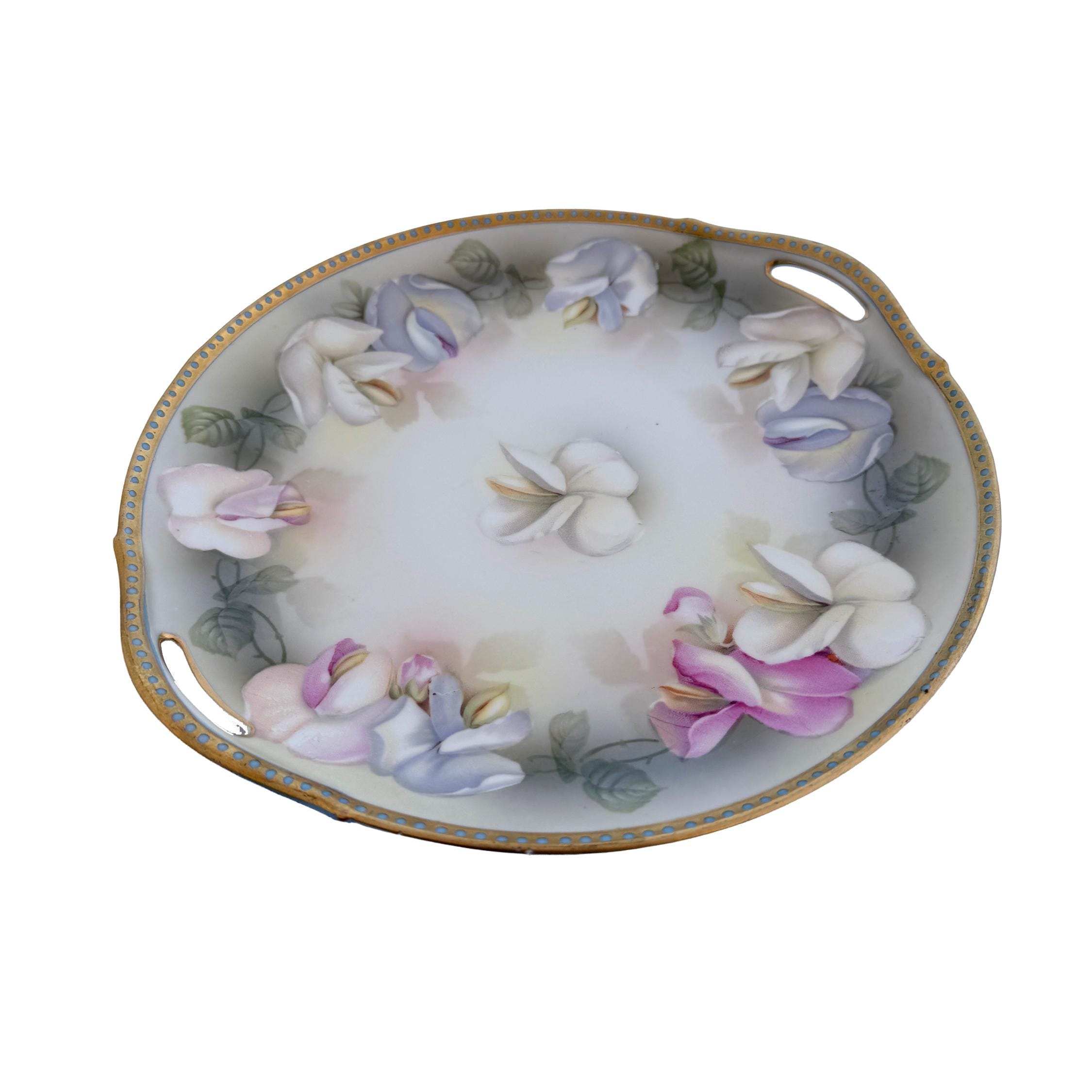 Antique RS Germany Porcelain Handled Cake Plate 10" | Pastel Floral Sweet Pea | Cottagecore China