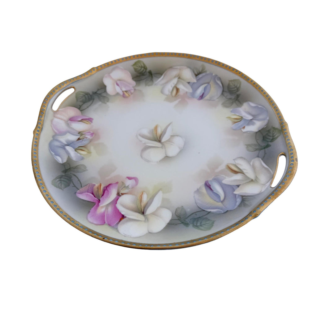 Antique RS Germany Porcelain Handled Cake Plate 10" | Pastel Floral Sweet Pea | Cottagecore China