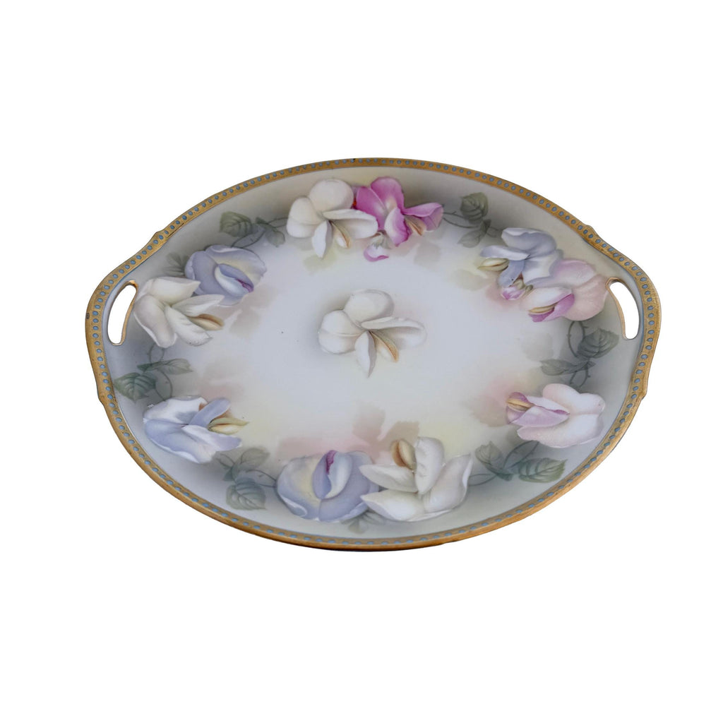 Antique RS Germany Porcelain Handled Cake Plate 10" | Pastel Floral Sweet Pea | Cottagecore China
