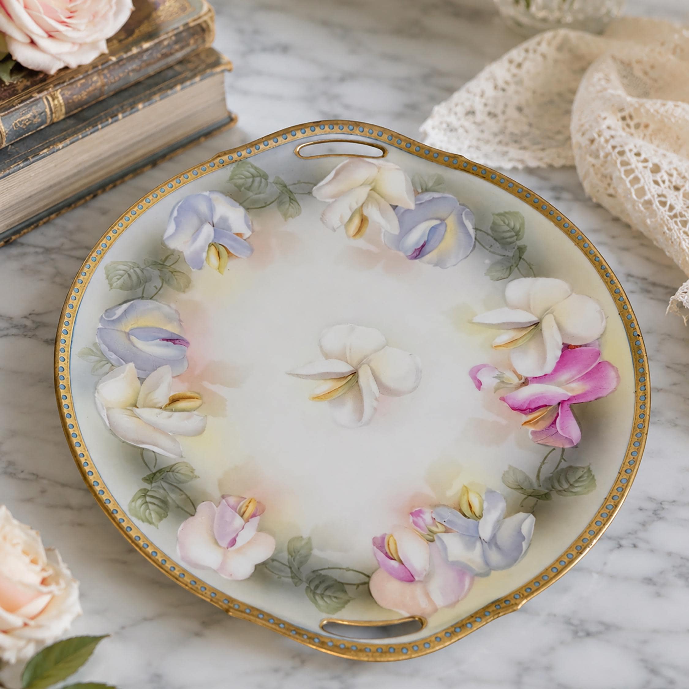 Antique RS Germany Porcelain Handled Cake Plate 10" | Pastel Floral Sweet Pea | Cottagecore China