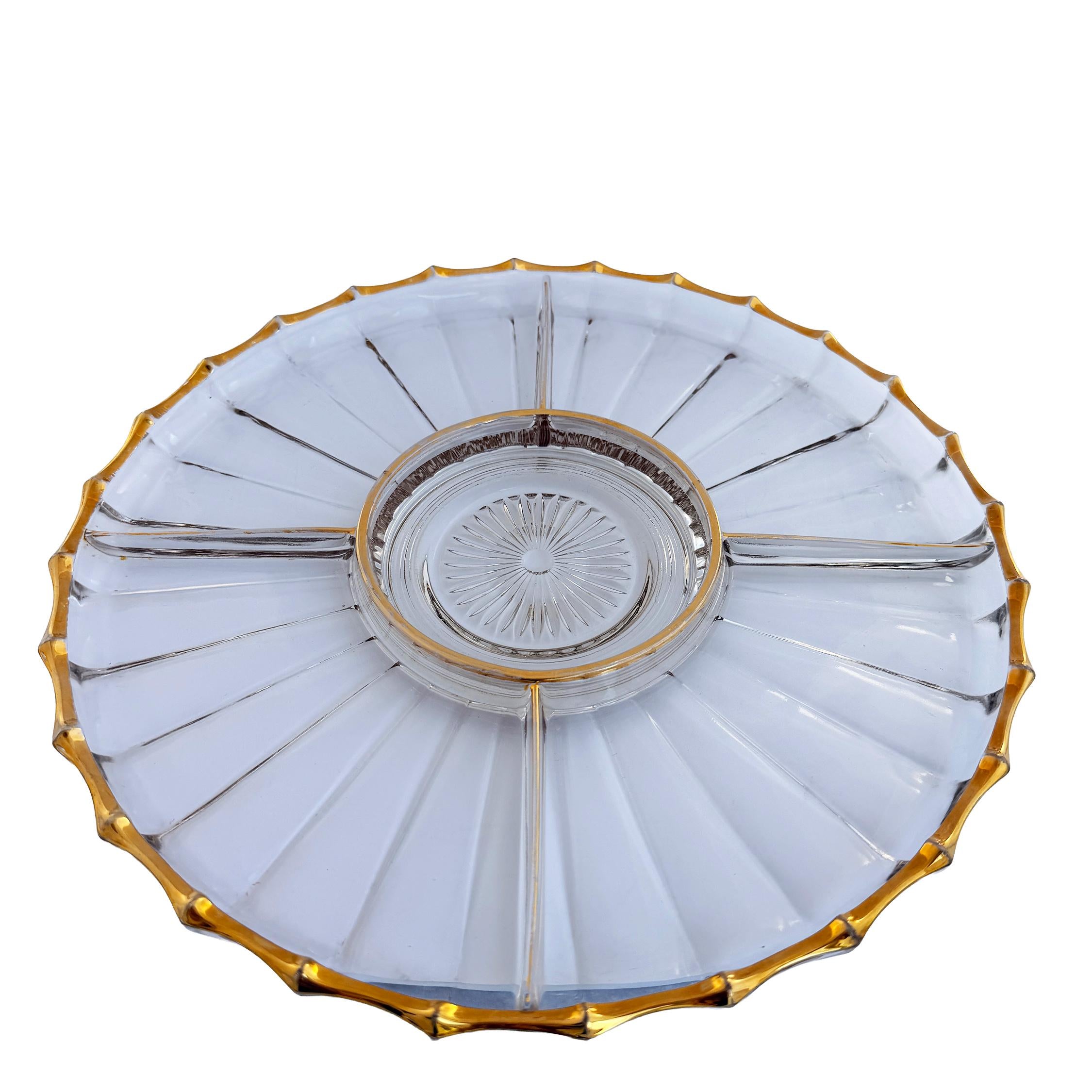 Vintage Gold Trim Pressed Glass Relish Tray 13" | Mid Century Divided Serving Platter | Retro Decor