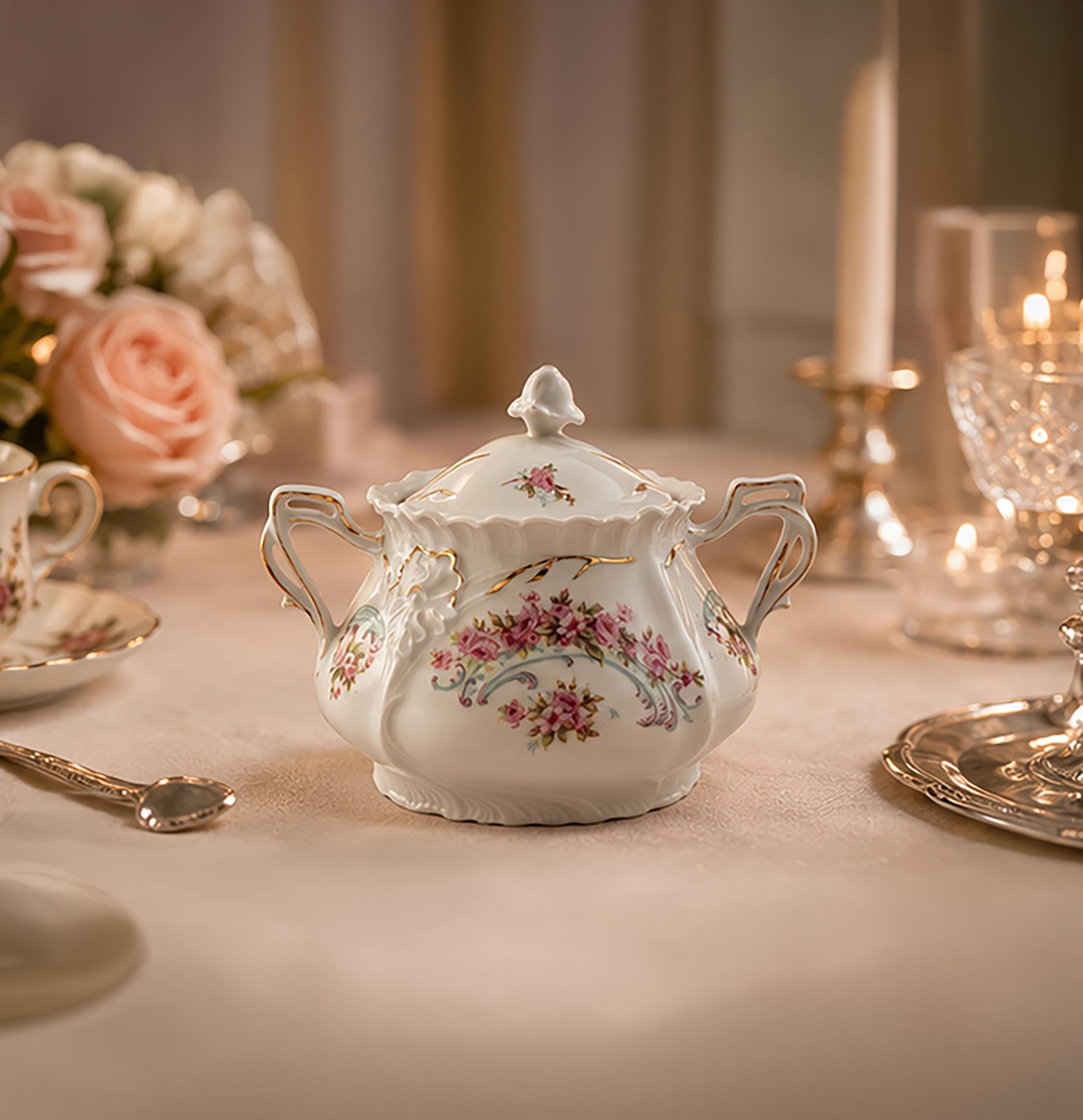 Early 20th Century Pink Rose Porcelain Lidded Sugar Bowl with Gold Trim