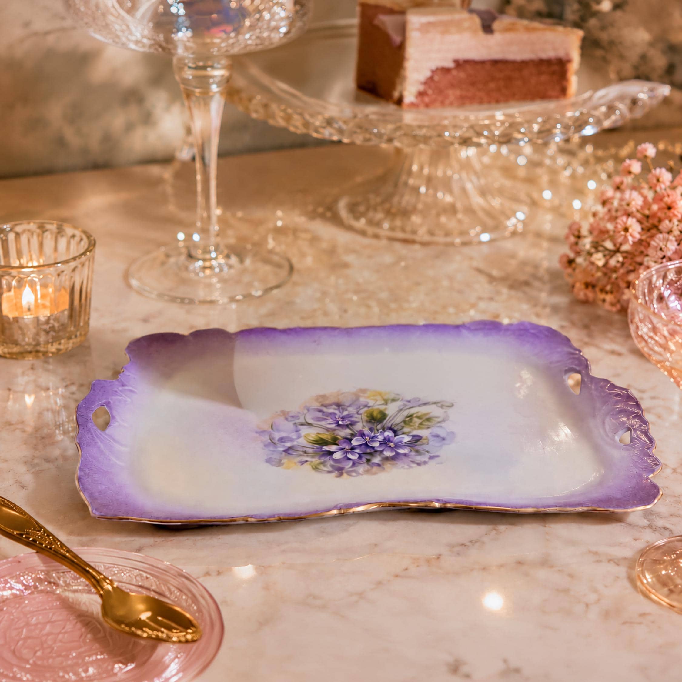 Vintage Porcelain Treasures Betty Platner Purple Floral Hand Decorated Serving Tray 10"x6.5"x.75"