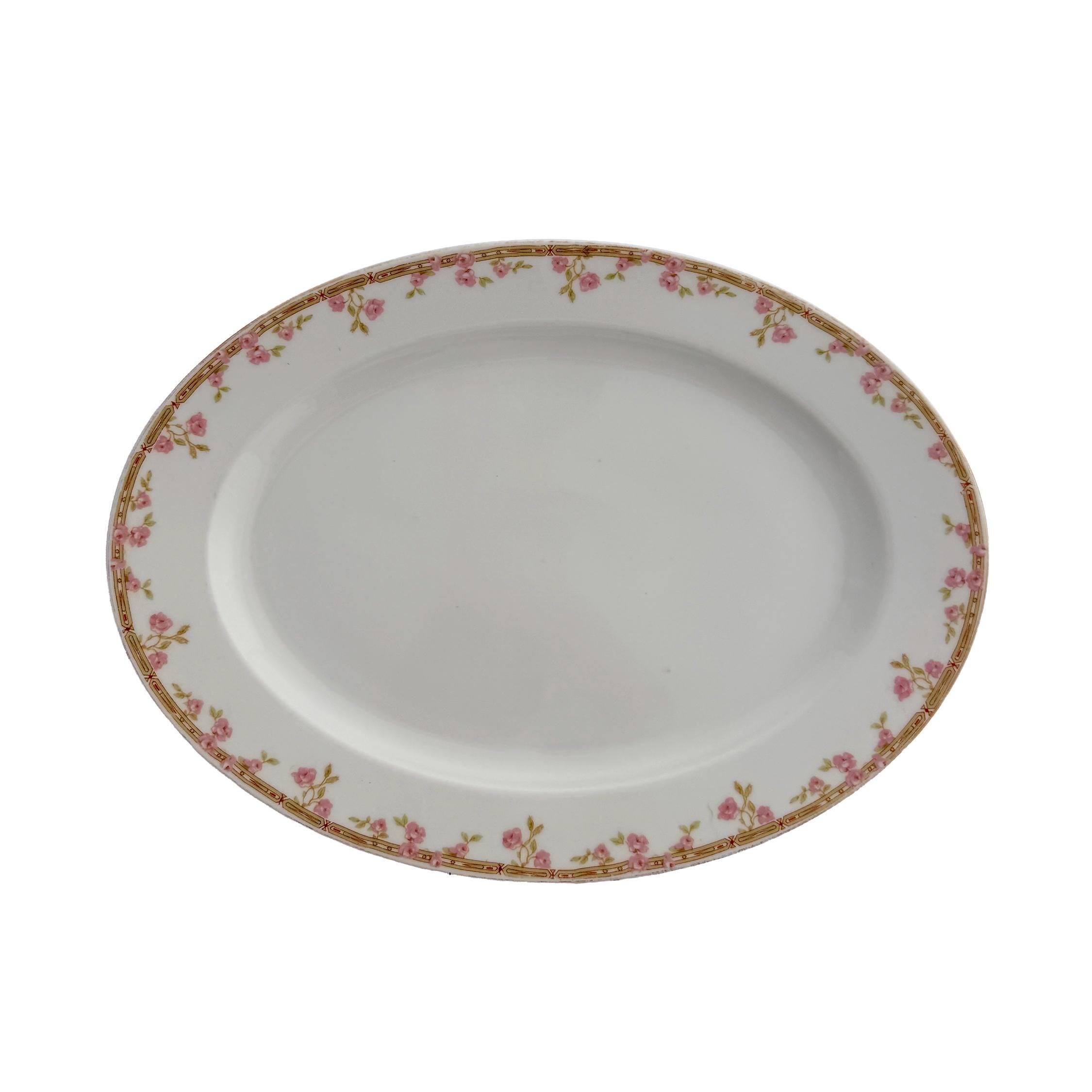Antique J&C Bavaria Oval Serving Platter 14" | Pink Rose Gold Greek Key | Jaeger & Co China