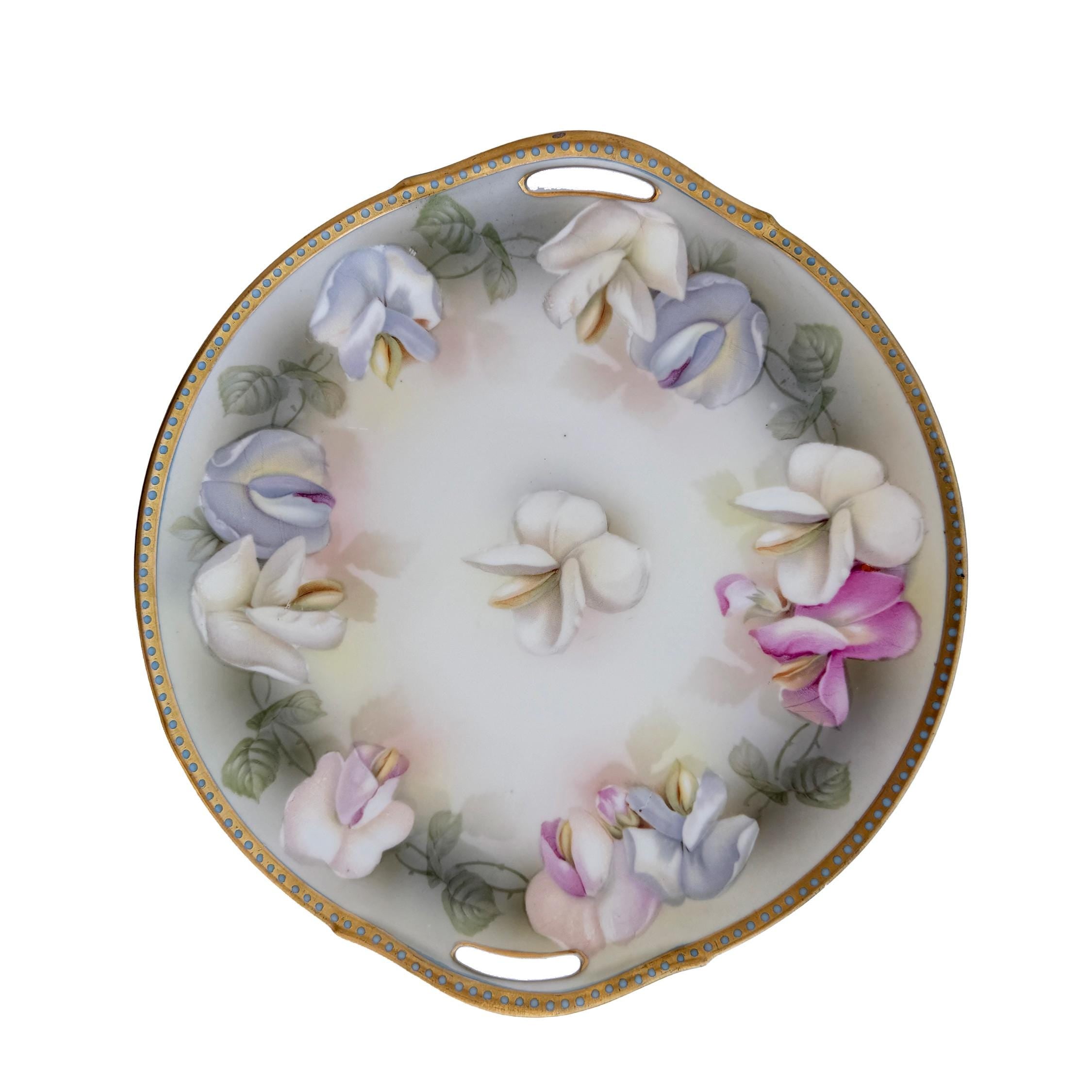 Antique RS Germany Porcelain Handled Cake Plate 10" | Pastel Floral Sweet Pea | Cottagecore China