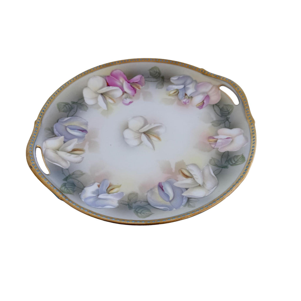 Antique RS Germany Porcelain Handled Cake Plate 10" | Pastel Floral Sweet Pea | Cottagecore China