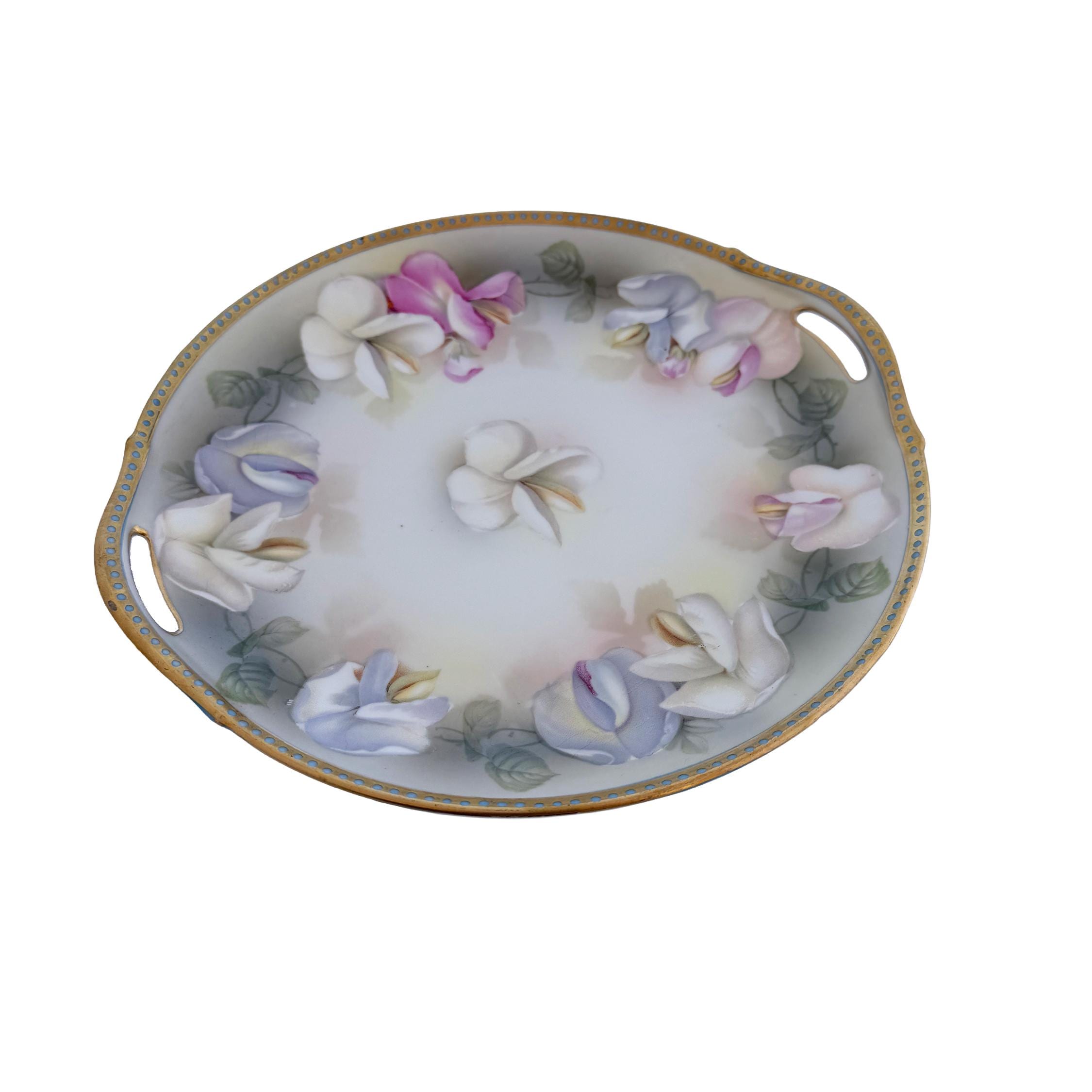 Antique RS Germany Porcelain Handled Cake Plate 10" | Pastel Floral Sweet Pea | Cottagecore China