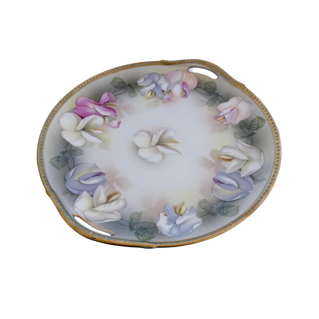 Antique RS Germany Porcelain Handled Cake Plate 10" | Pastel Floral Sweet Pea | Cottagecore China