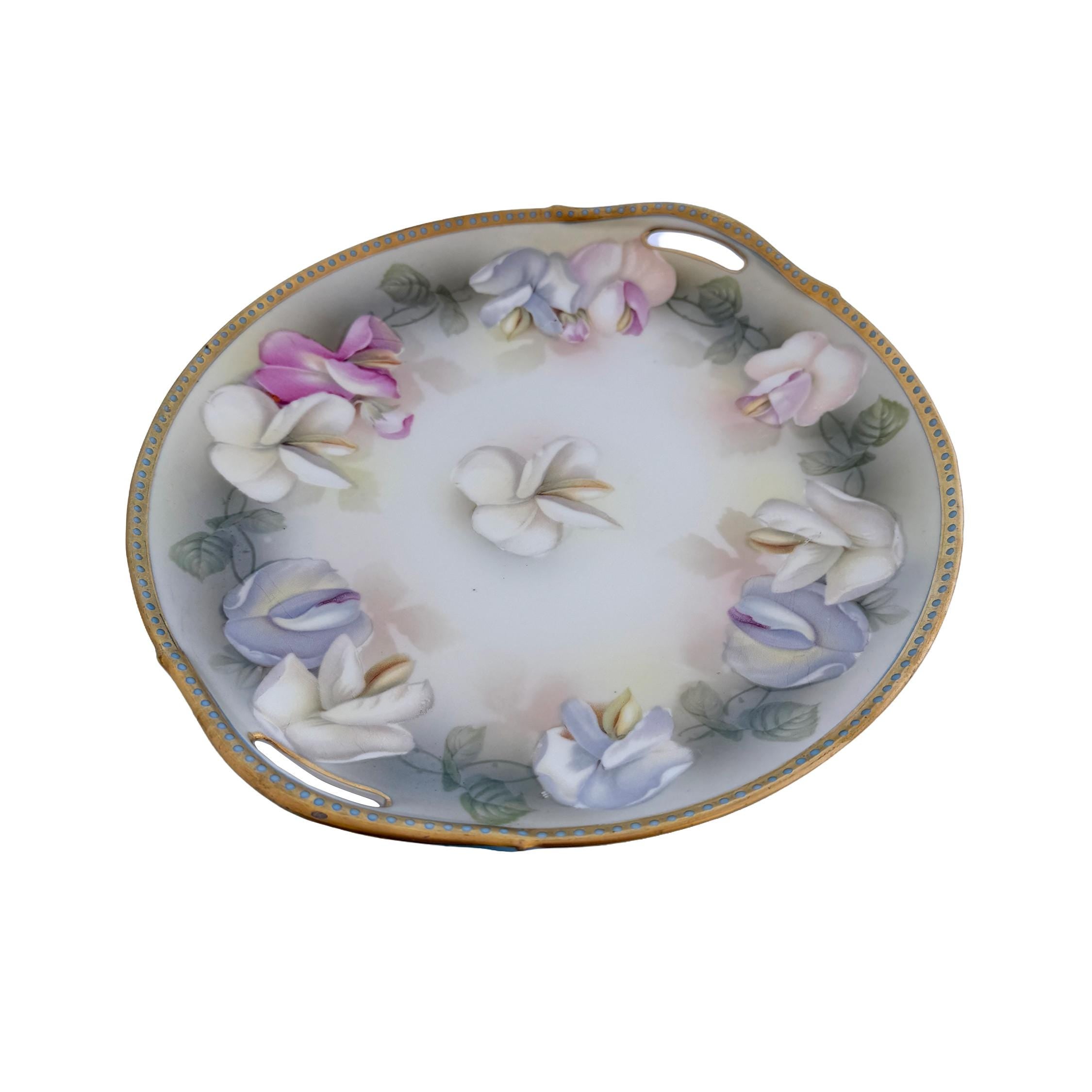 Antique RS Germany Porcelain Handled Cake Plate 10" | Pastel Floral Sweet Pea | Cottagecore China