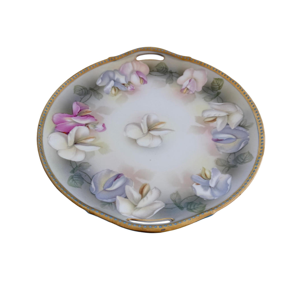 Antique RS Germany Porcelain Handled Cake Plate 10" | Pastel Floral Sweet Pea | Cottagecore China
