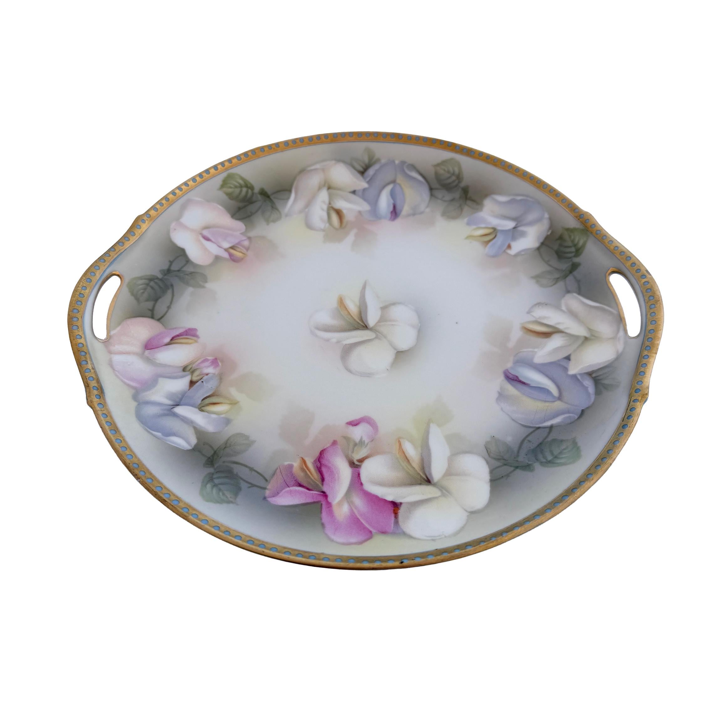 Antique RS Germany Porcelain Handled Cake Plate 10" | Pastel Floral Sweet Pea | Cottagecore China