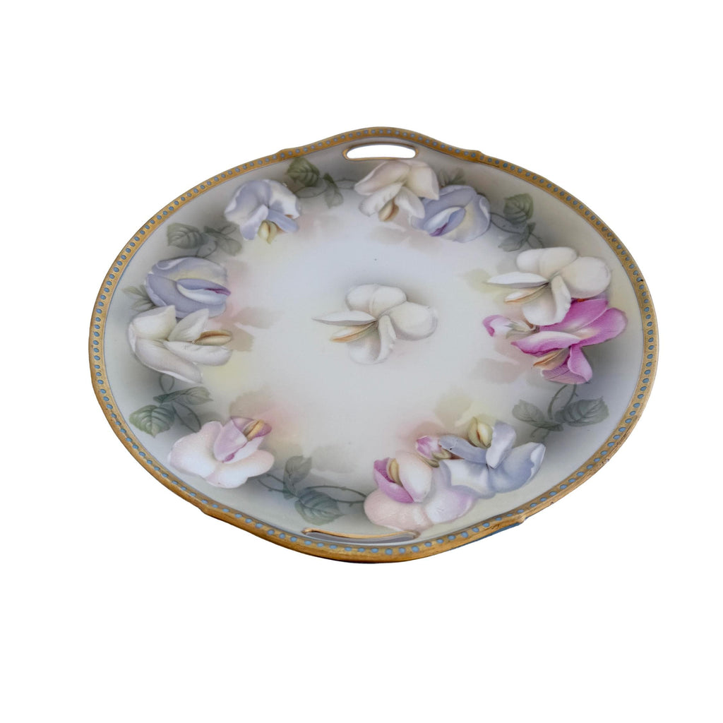 Antique RS Germany Porcelain Handled Cake Plate 10" | Pastel Floral Sweet Pea | Cottagecore China