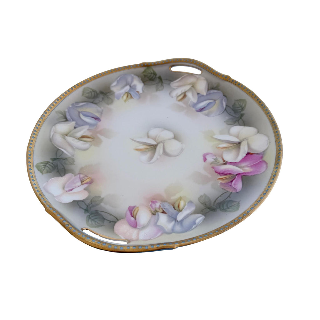 Antique RS Germany Porcelain Handled Cake Plate 10" | Pastel Floral Sweet Pea | Cottagecore China