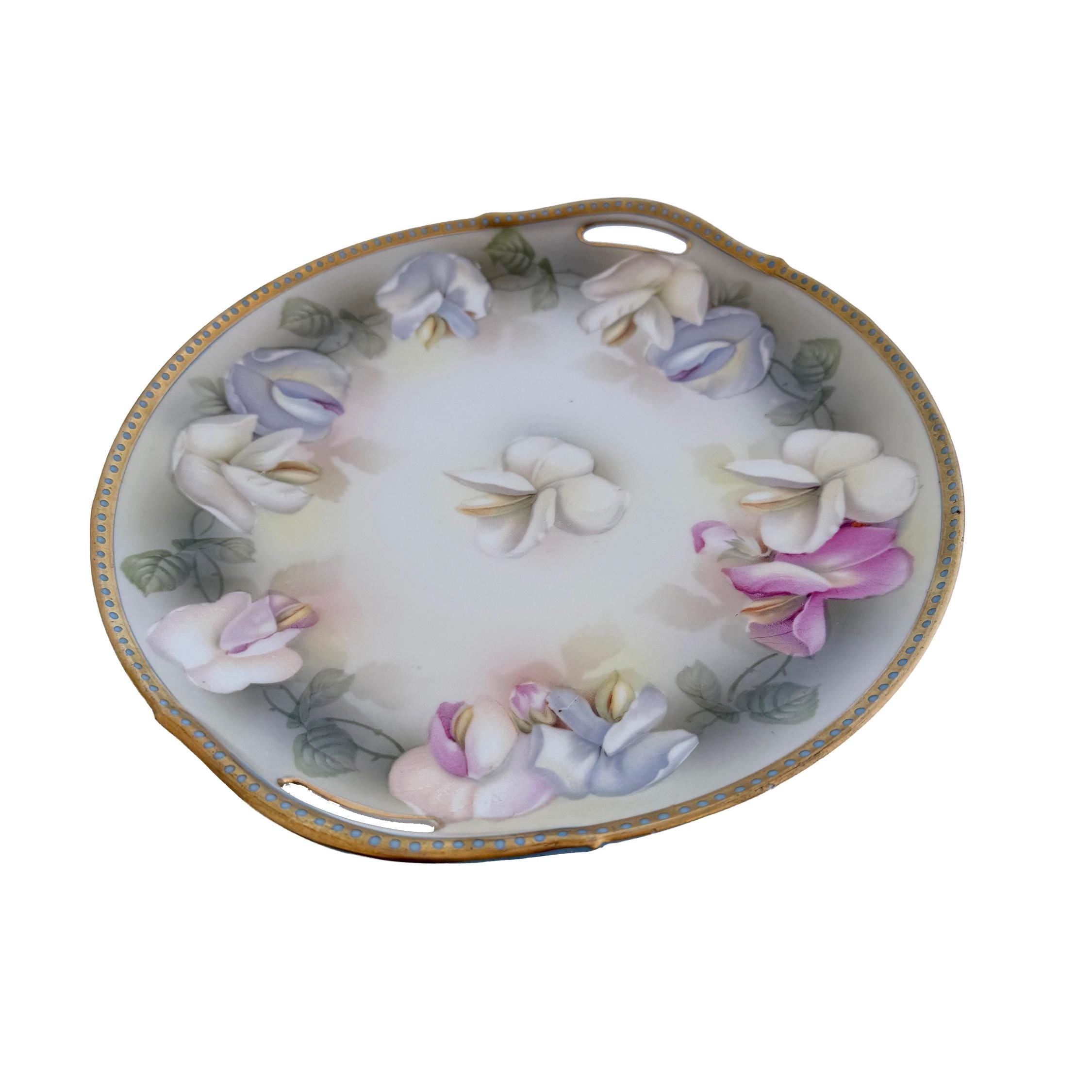 Antique RS Germany Porcelain Handled Cake Plate 10" | Pastel Floral Sweet Pea | Cottagecore China