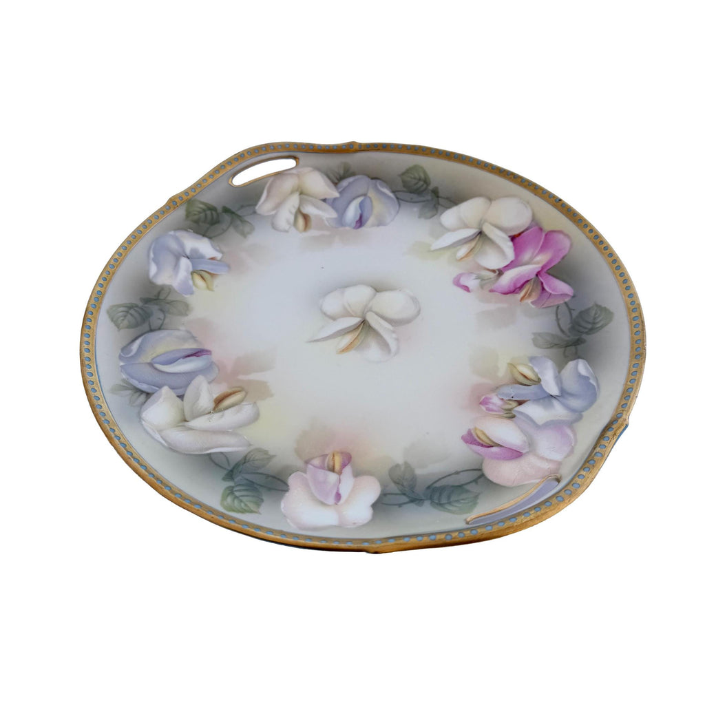 Antique RS Germany Porcelain Handled Cake Plate 10" | Pastel Floral Sweet Pea | Cottagecore China