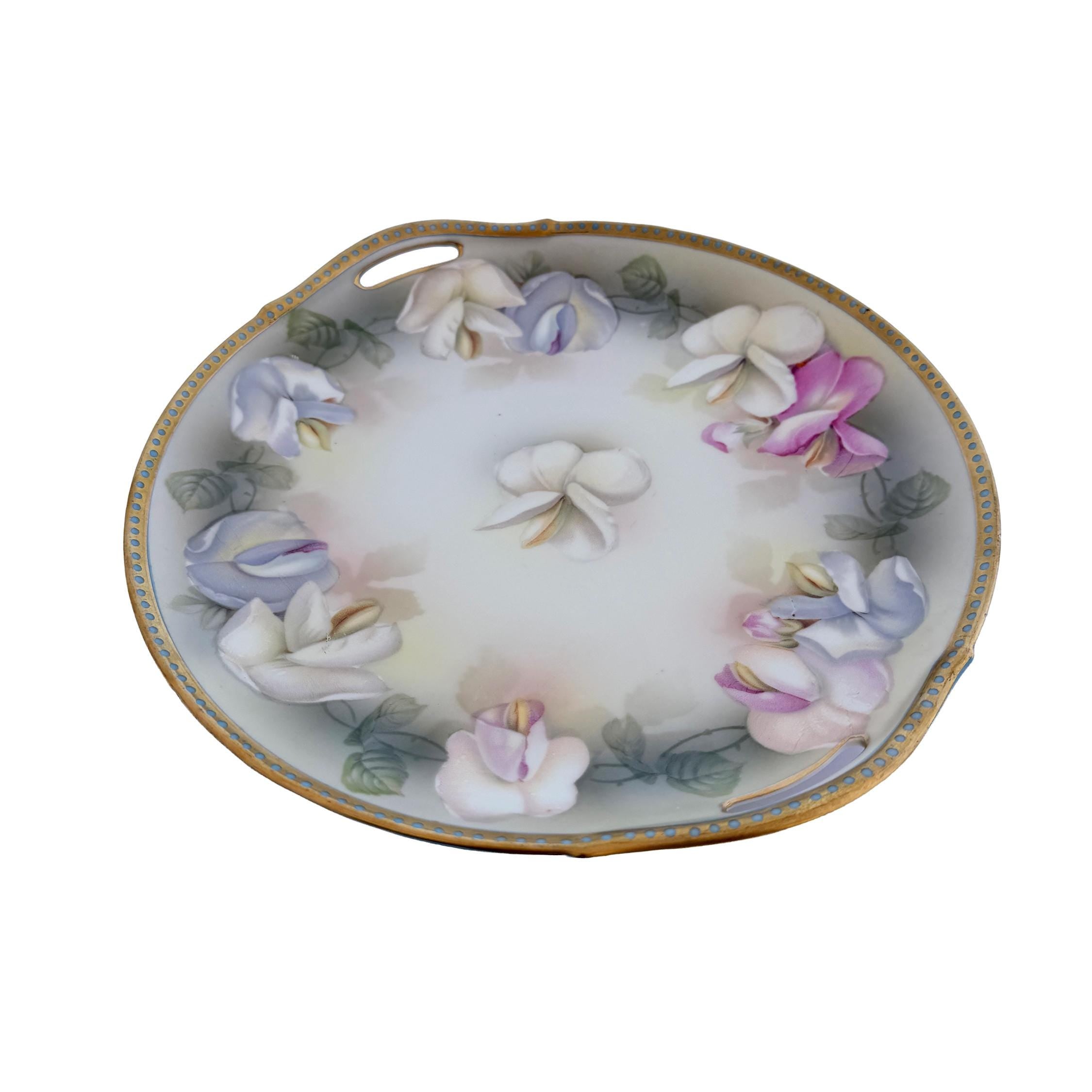 Antique RS Germany Porcelain Handled Cake Plate 10" | Pastel Floral Sweet Pea | Cottagecore China
