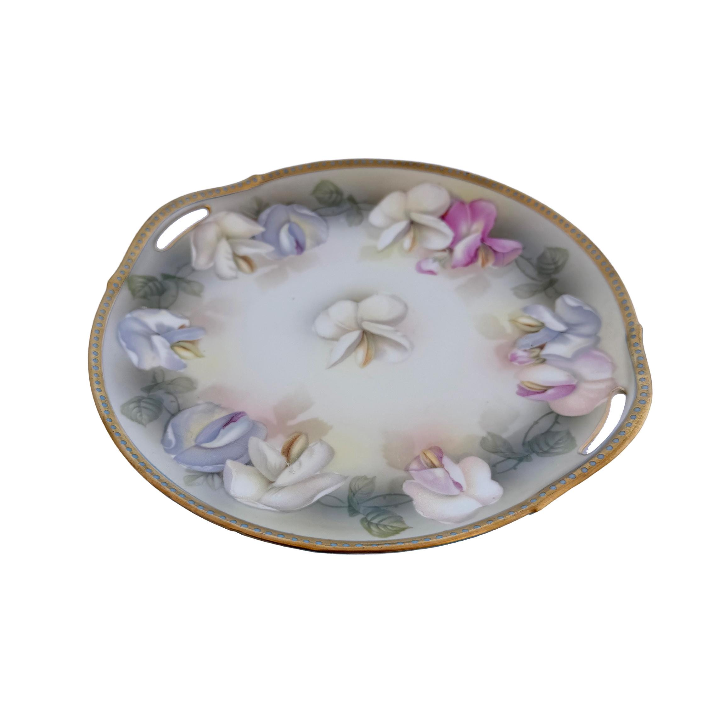 Antique RS Germany Porcelain Handled Cake Plate 10" | Pastel Floral Sweet Pea | Cottagecore China