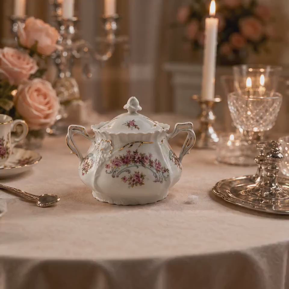 Early 20th Century Pink Rose Porcelain Lidded Sugar Bowl with Gold Trim
